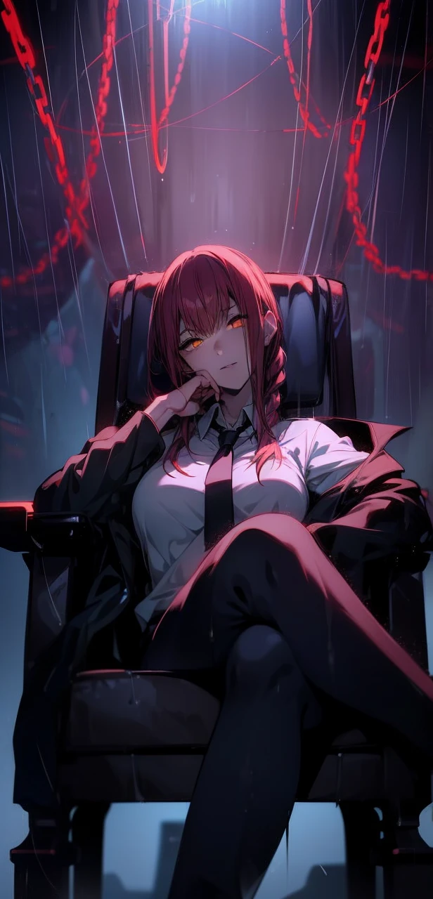 Makima, ringed eyes, light-red hair, braided ponytail, bangs, ((glowing yellow eyes)), sidelocks, long hair, white polo uniform, 1girl, black leggings, sitting on the chair, elegant black chair, solo, bangs, red glowing chains in the background, looking_at_viewer, shadow, smirking, legs crossed, (shaded face:1.2), hollow eyes, ringed eyes, yellow eyes, looking at viewer, heavy breathing, seductive smile, lips, hood, "glow effects, godrays, Hand drawn, render, 8k, octane render, cinema 4d, blender, dark, atmospheric 4k ultra detailed, cinematic, Sharp focus, big depth of field, Masterpiece, colors, 3d octane render, 4k, concept art, trending on artstation, hyperrealistic, Vivid colors, extremely detailed CG unity 8k wallpaper, trending on CGSociety, Intricate, High Detail, dramatic"