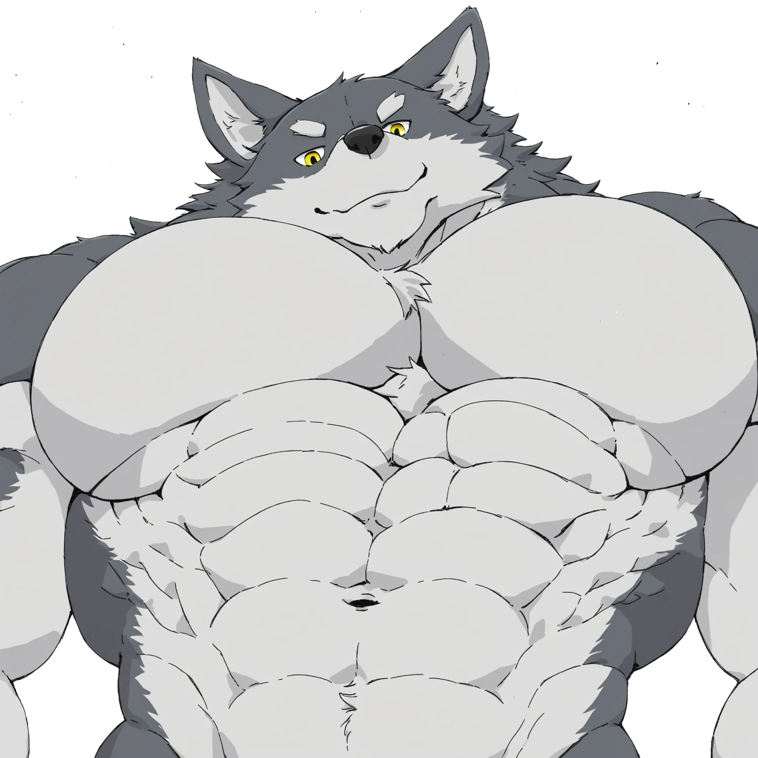 muscular wolf, big pecs, looking down at viewer, abs, anatomically correct, neutral expression 