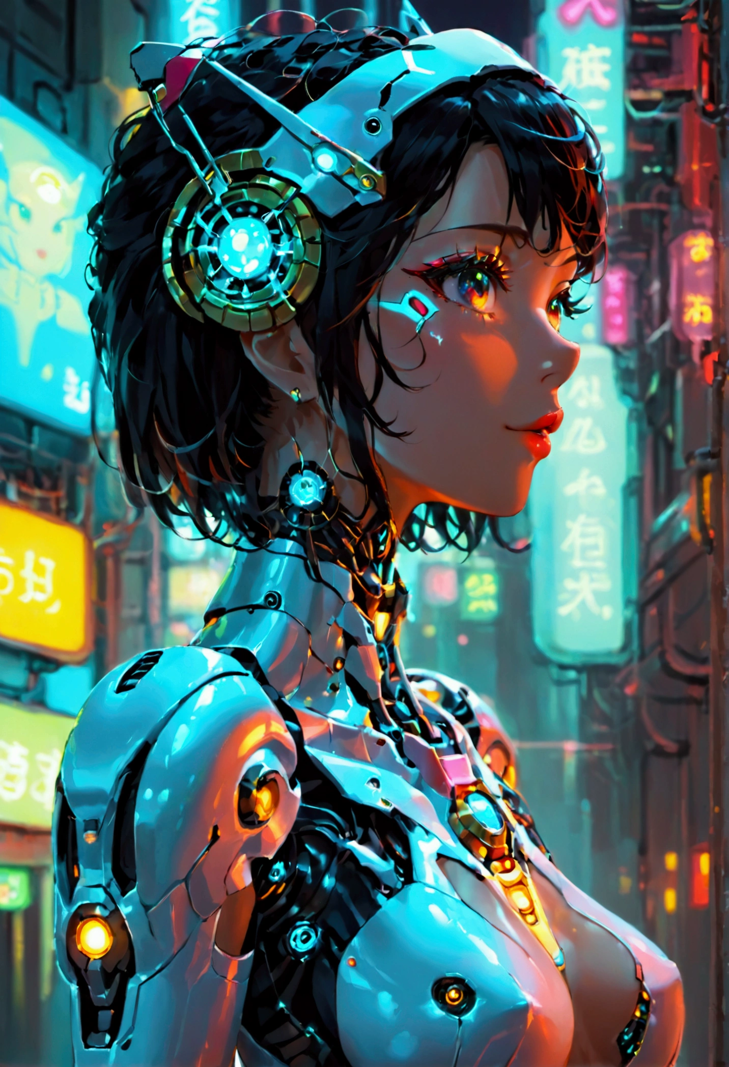A cute woman ( sexy skin suit, a few cybernetic data-ports mar her skin, neon chrome color scheme (random color)) posing next to a matching cyber super mecha, future tokyo, (show all of the woman, show her head to toe, show all of her)