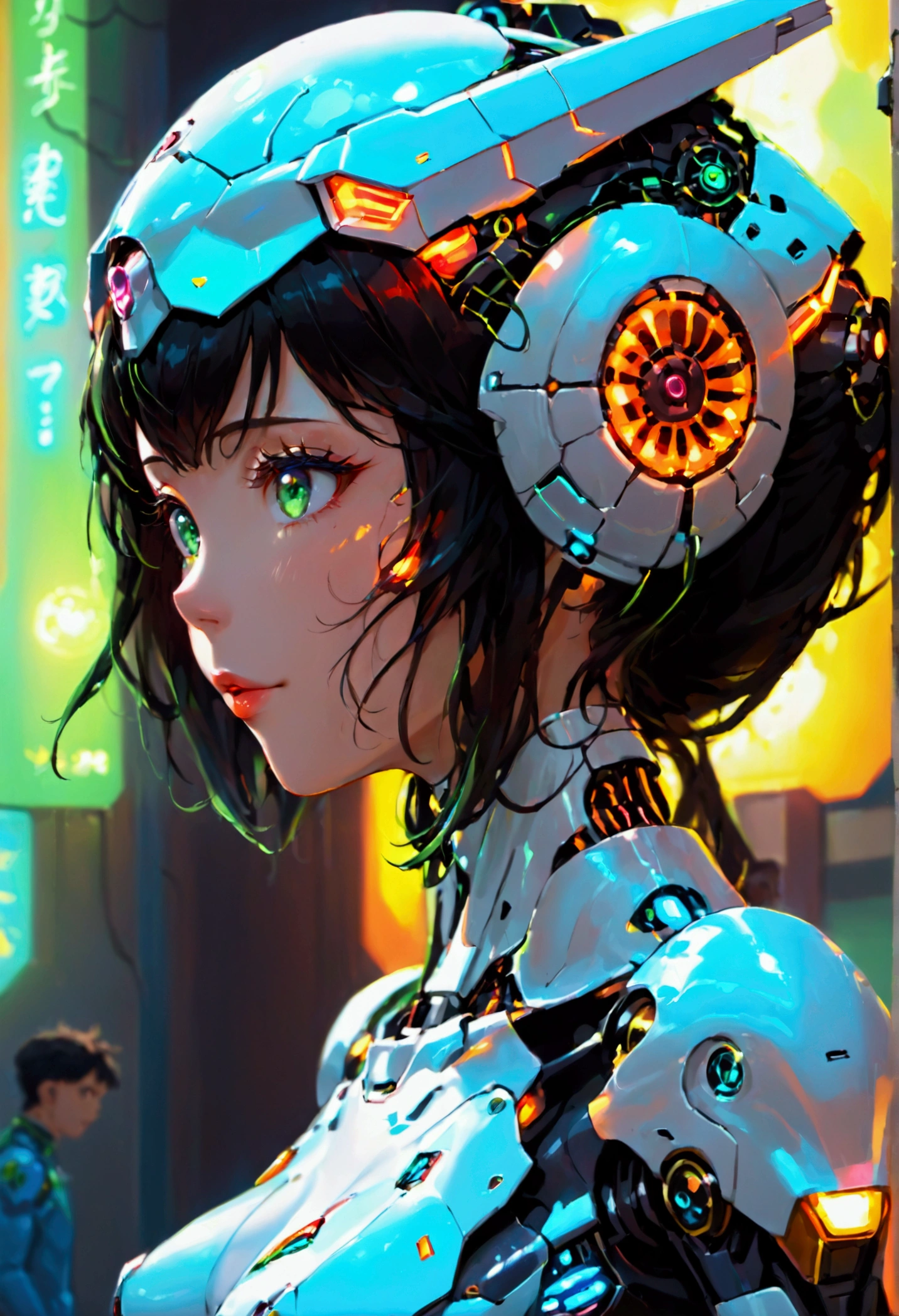 A cute woman ( sexy skin suit, a few cybernetic data-ports mar her skin, neon chrome color scheme (random color)) posing next to a matching cyber super mecha, future tokyo, (show all of the woman, show her head to toe, show all of her)
