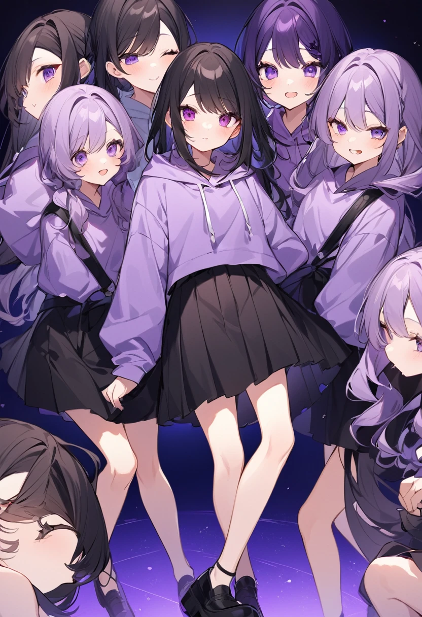 Keito。Purple hoodie。Black Skirt。Purple Eyes。Black Hair。Black shoes下。Black shoes。6 sistery eldest daughter has lavender hair.。all female。Sextuplets