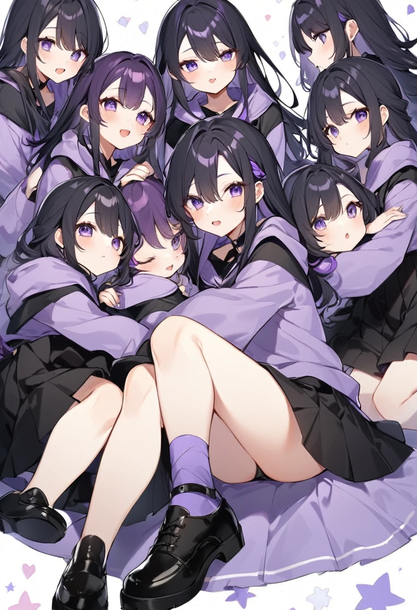 Keito。Purple hoodie。Black Skirt。Purple Eyes。Black Hair。Black shoes下。Black shoes。6 sistery eldest daughter has lavender hair.。all female。Sextuplets