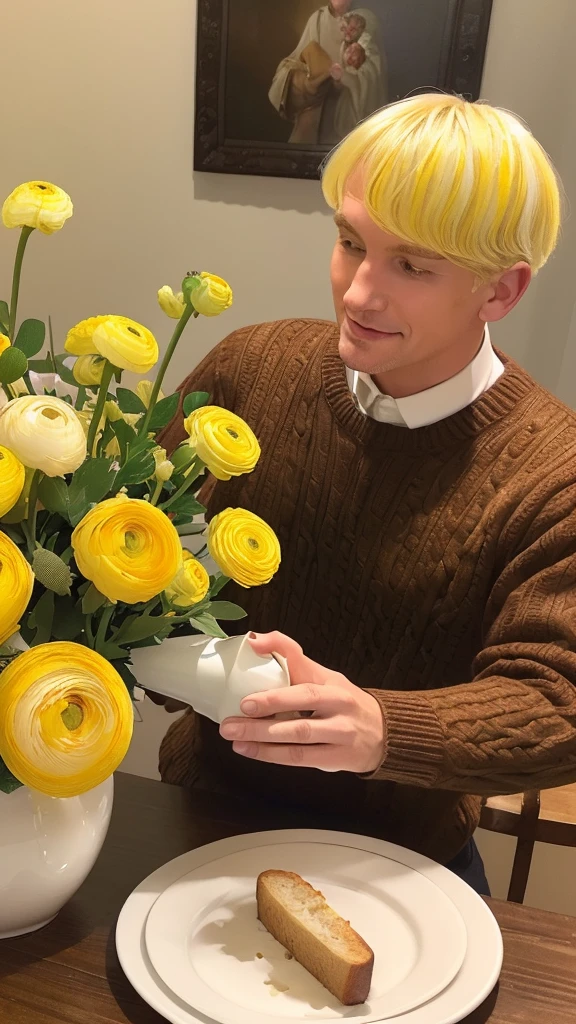 (((Yellow ranunculus flower arrangement))), (((Blonde Caucasian couple)))dinner, Toast with red wine, My wife((brown large sweater)),(My husband is wearing a white shirt), There is food on the dining table.