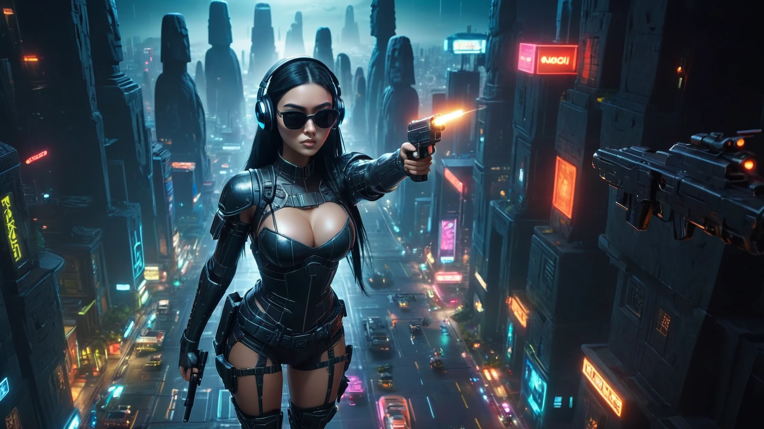 At night, dark sky, distant shot aerial view of fantasy cyberpunk style ((Moai-statue)) city, ((flying vehicle)). ((1girl, solo, alone)), medium-breast:1.1 slim body, cleavage, sexy clothes, (headphone, black sunglasses, long black realistic hair), (((hip-up standing and holding pistol))), half-body thigh level medium shot, cinematic lighting.
