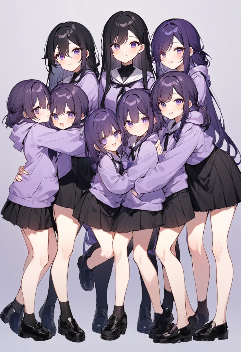 Keito。Purple hoodie。Black Skirt。Purple Eyes。Black Hair。Black shoes下。Black shoes。6 sistery eldest daughter has lavender hair.。all female。Sextuplets