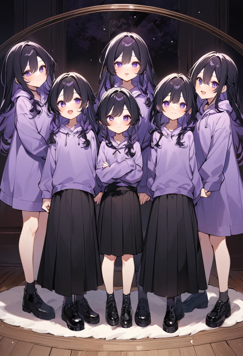 Keito。Purple hoodie。Black Skirt。Purple Eyes。Black Hair。Black shoes下。Black shoes。6 sistery eldest daughter has lavender hair.。all female。Sextuplets