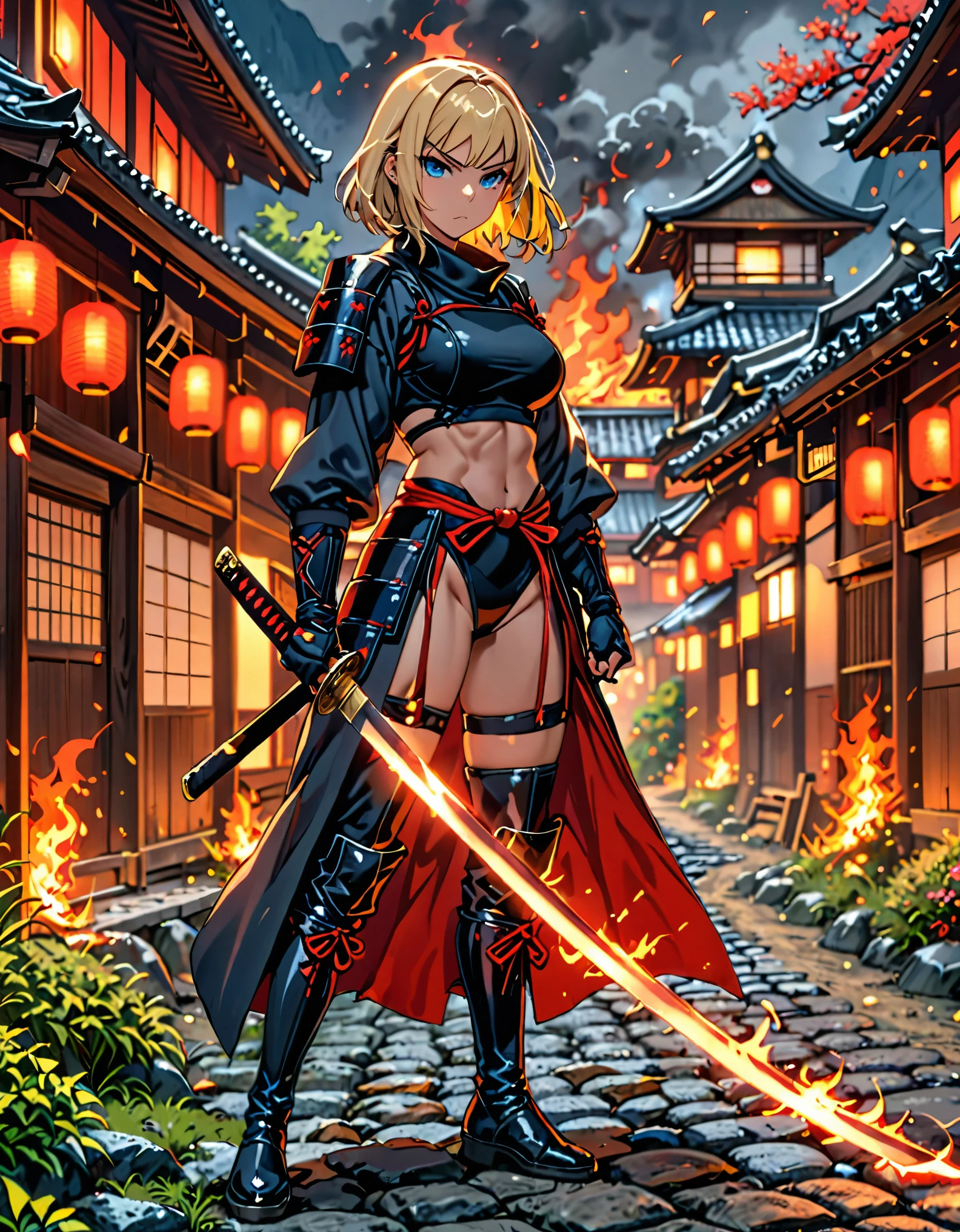 masterpiece, best quality, 1girl, blonde_hair, blue_eyes, boots, breasts, clenched hand, clenched hands, crop top, full body, gloves, knee boots, medium hair, medium breasts, midriff, navel, bob hair, solo, standing, thighhighs, turtleneck, black leotard, ninja, (holding a samurai sword, katana, glowing sword), burning japanese village backdrop, danger atmosphere, grim, stance, full body with costume