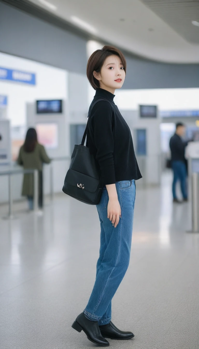 beautiful korean girl , 32 inch chest size, Your eyes are big and pretty. Short in stature. Standing in the departure hall of the airport. . short medium hair, Standing in line at the departure hall of Frankfurt Airport, Germany. Wear comfortable travel clothes. .Dragging a suitcase. short medium hair, short height, Full body shot with Canon camera 16-35 wide angle lens, short medium hair. expressionless, full body shot, perfect fingers, Make the airport electronic display visible, 멀리 full body shot, I see an electronic display board, uhd