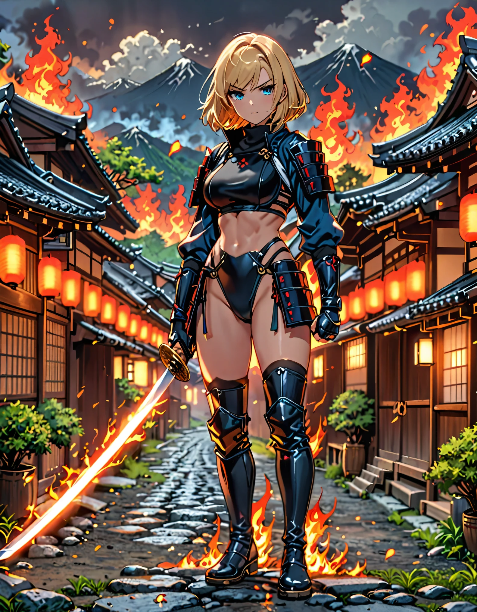 masterpiece, best quality, 1girl, blonde_hair, blue_eyes, boots, breasts, clenched hand, clenched hands, crop top, full body, gloves, knee boots, medium hair, medium breasts, midriff, navel, bob hair, solo, standing, thighhighs, turtleneck, black leotard, ninja, (holding a samurai sword, katana, glowing sword), burning japanese village backdrop, danger atmosphere, grim, stance, full body with costume
