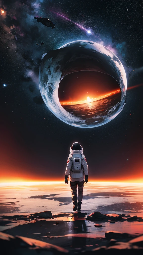 Black hole in space and an astronaut in front