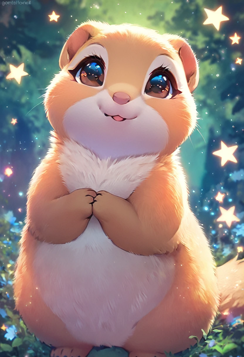 best quality, masterpiece, cute and chunky prairie dog, cute pose, fantasy forest world, gentle sparkling image effects