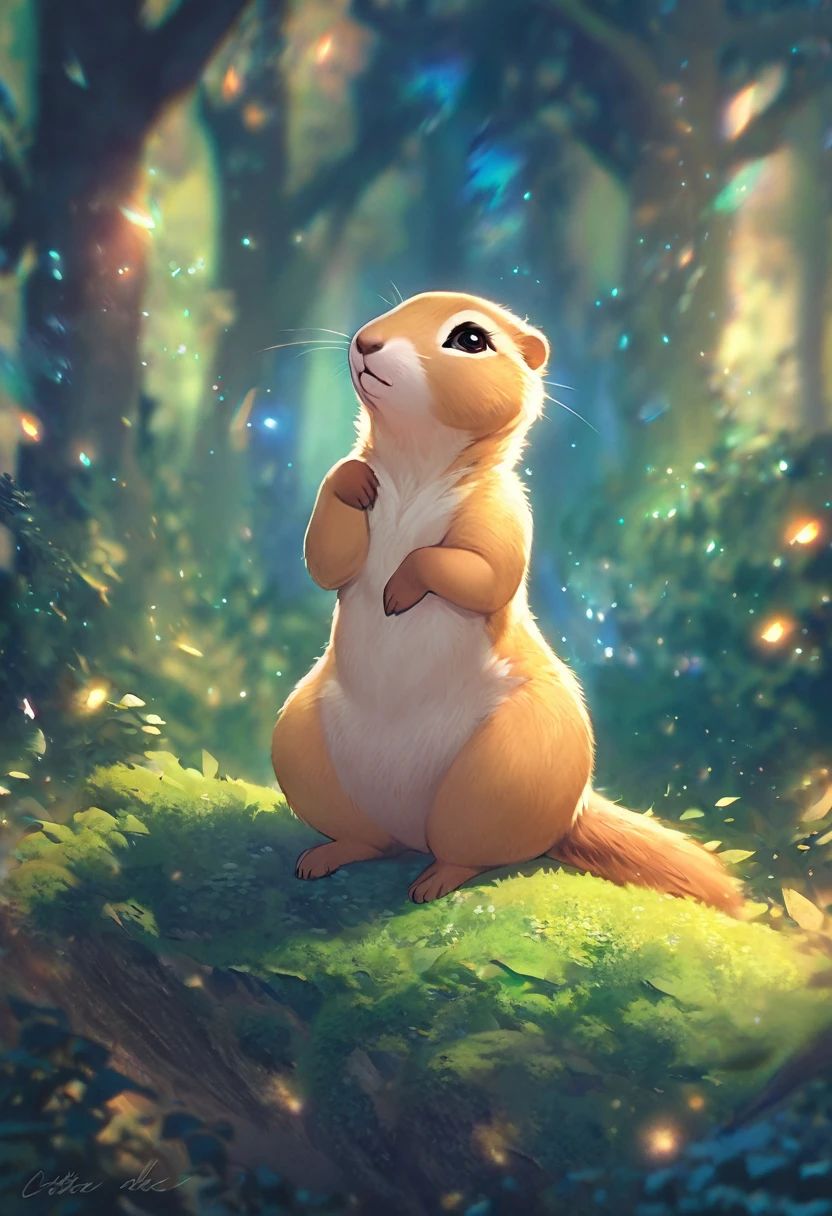 best quality, masterpiece, cute and chunky prairie dog, cute pose, fantasy forest world, gentle sparkling image effects