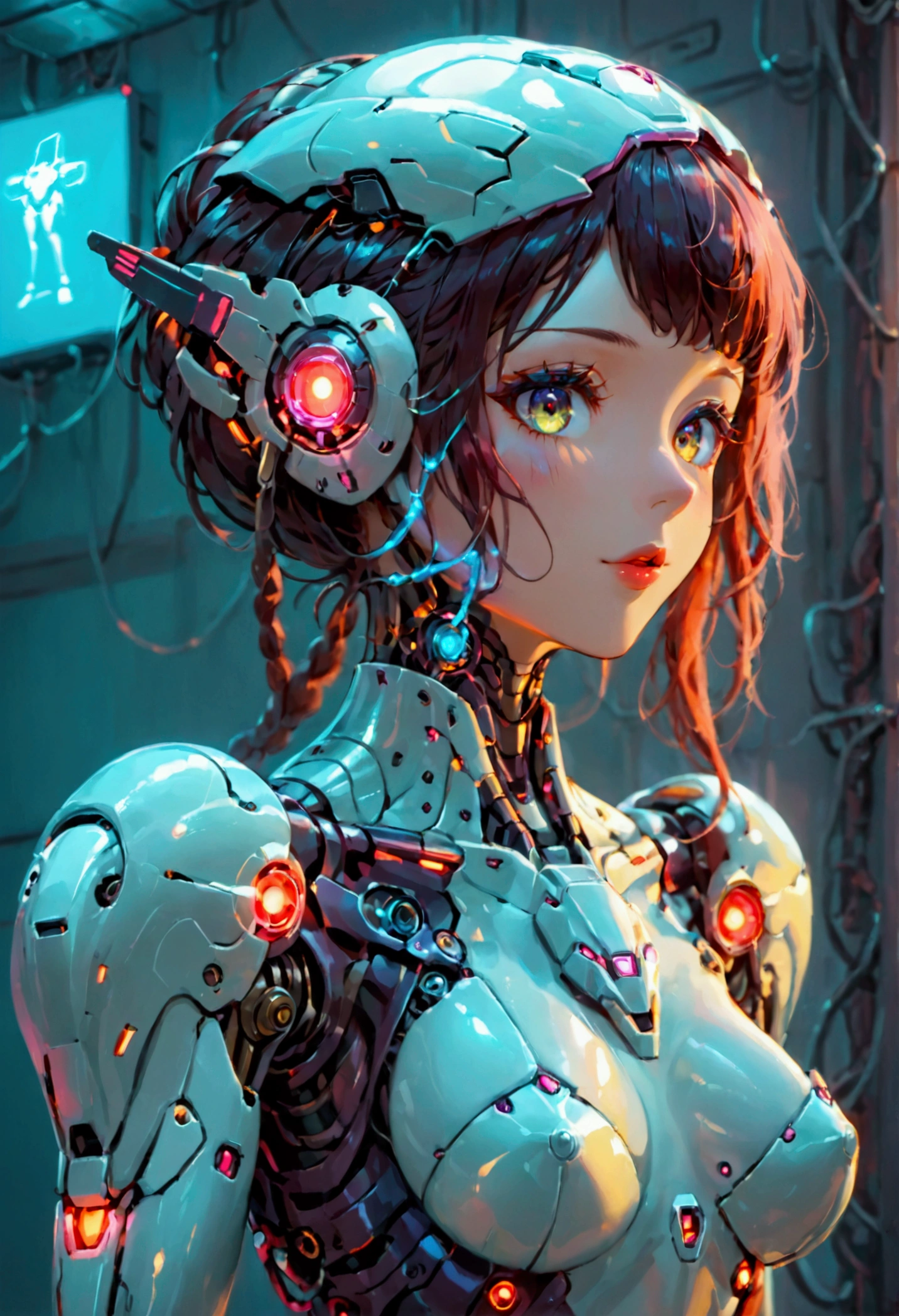 A cute woman ( sexy skin suit, a few cybernetic data-ports mar her skin, neon chrome color scheme (random color)) posing next to a matching cyber super mecha, future tokyo, (show all of the woman, show her head to toe, show all of her)