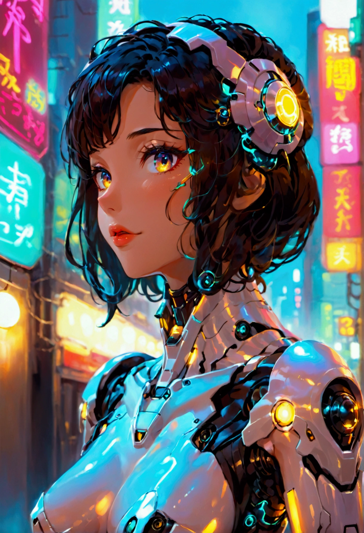A cute woman ( sexy skin suit, a few cybernetic data-ports mar her skin, neon chrome color scheme (random color)) posing next to a matching cyber super mecha, future tokyo, (show all of the woman, show her head to toe, show all of her)