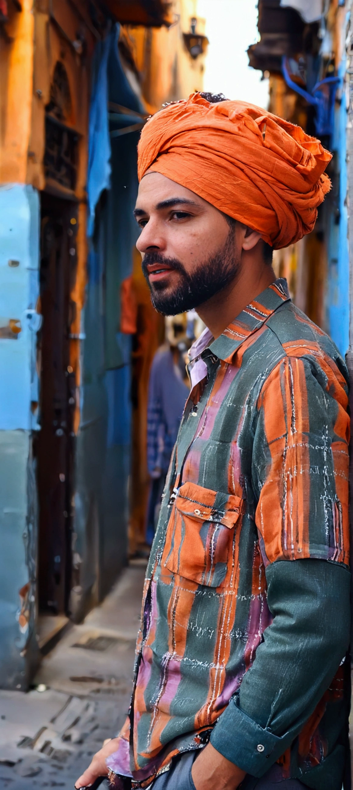 Moroccan man in a checkered shirt and gray trousers stands on a city street, gray and blue colors, masculinity, high-fashion, Shirt sleeves are not rolled up, and straight.Black sleeve cuffs. Men's fashion, modern fashionable outfit, a man walks through the city, gray-orange, orange and black tones, style by Greg Rutkowski, modern casual wear, cool style, Dressed in men's clothing from the 1970s, casual modern clothing, realistic, portrait of a man,AI language model, short hair, smart, energetic, cheerful, creative,