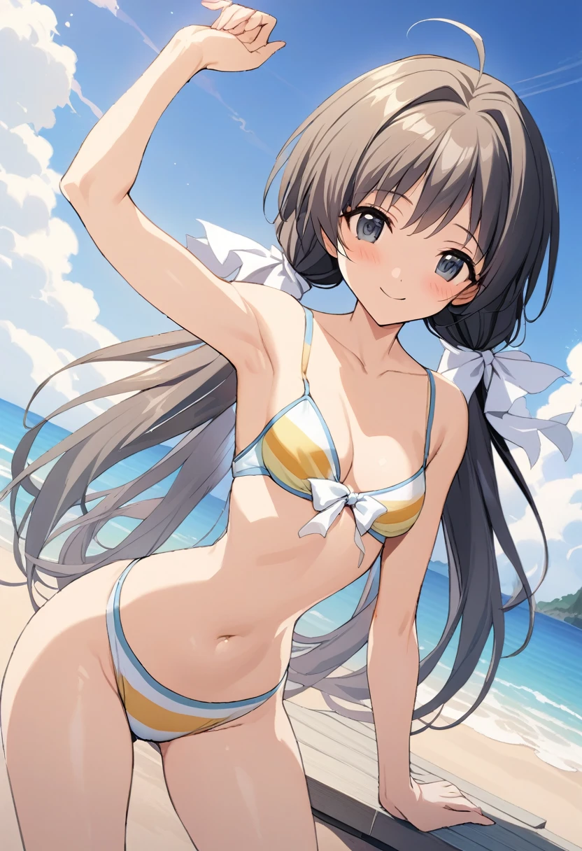 One girl,Hotaru、Gentle expression、smile、Ocean、blue sky、Sandy Beach、Sexy pose、Pastel-colored sexy costumes、A complete depiction of the human body、masterpiece, Highest quality, Game CG, ultra detailed、highres、extremely detailed CG 