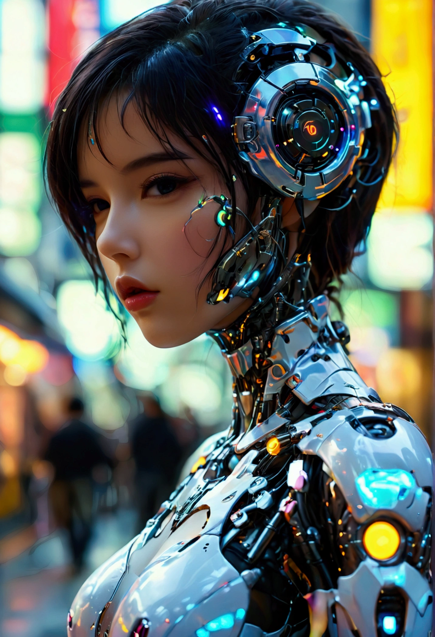 A cute woman ( sexy skin suit, a few cybernetic data-ports mar her skin, neon chrome color scheme (random color)) posing next to a matching cyber super mecha, future tokyo, (show all of the woman, show her head to toe, show all of her)