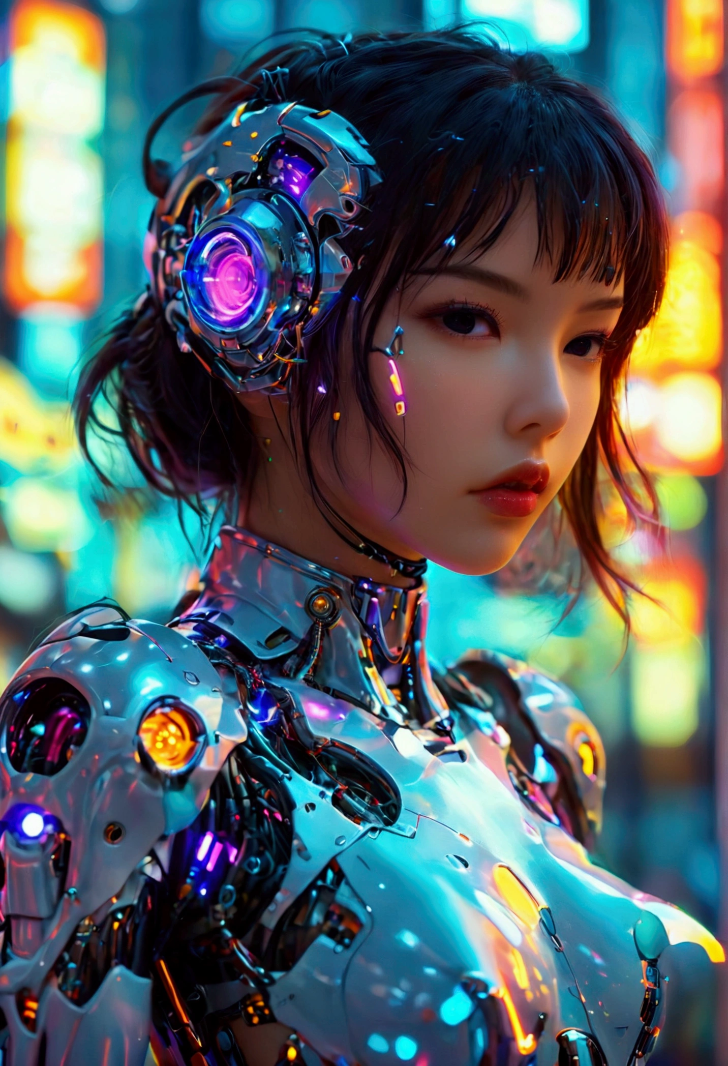 A cute woman ( sexy skin suit, a few cybernetic data-ports mar her skin, neon chrome color scheme (random color)) posing next to a matching cyber super mecha, future tokyo, (show all of the woman, show her head to toe, show all of her)