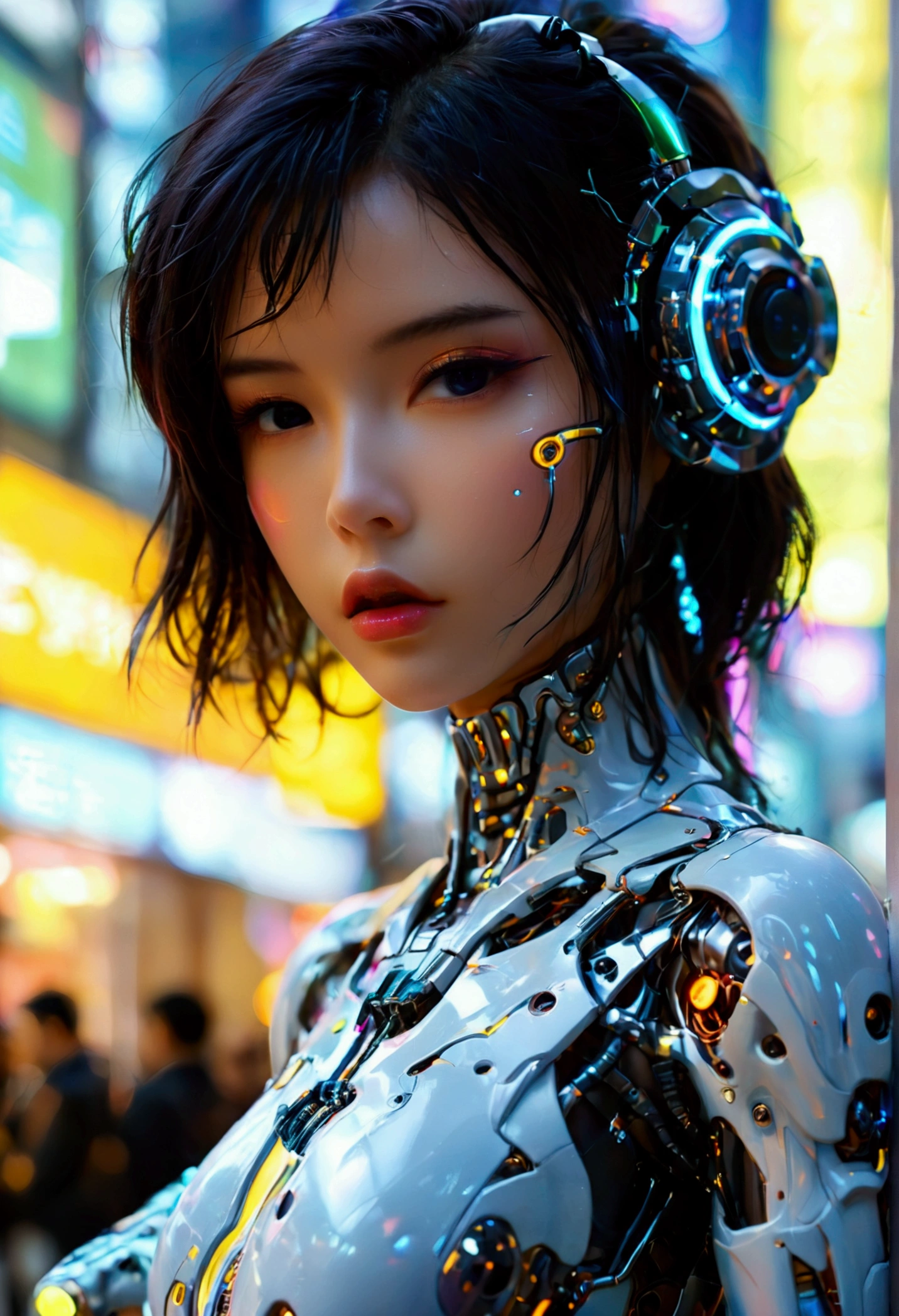 A cute woman ( sexy skin suit, a few cybernetic data-ports mar her skin, neon chrome color scheme (random color)) posing next to a matching cyber super mecha, future tokyo, (show all of the woman, show her head to toe, show all of her)
