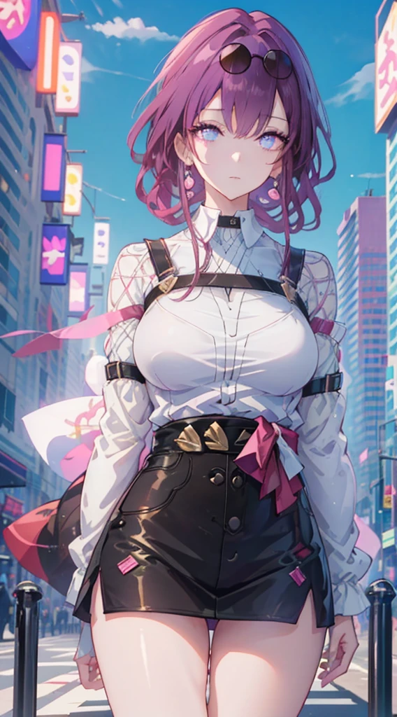 (best quality,4k,8k,highres,masterpiece:1.2),ultra-detailed,(realistic,photorealistic,photo-realistic:1.37),colorful anime girl in town, vibrant street, bustling crowd, busy shops, tall buildings, neon signs, street vendors, cherry blossom trees, magical atmosphere, stylish fashion, dynamic poses, anime aesthetics, vibrant colors, soft lighting,dark Purple hair, purple eyes, (detailed eyes:1.5),city scenery,contrapposto, bikini, Big breast