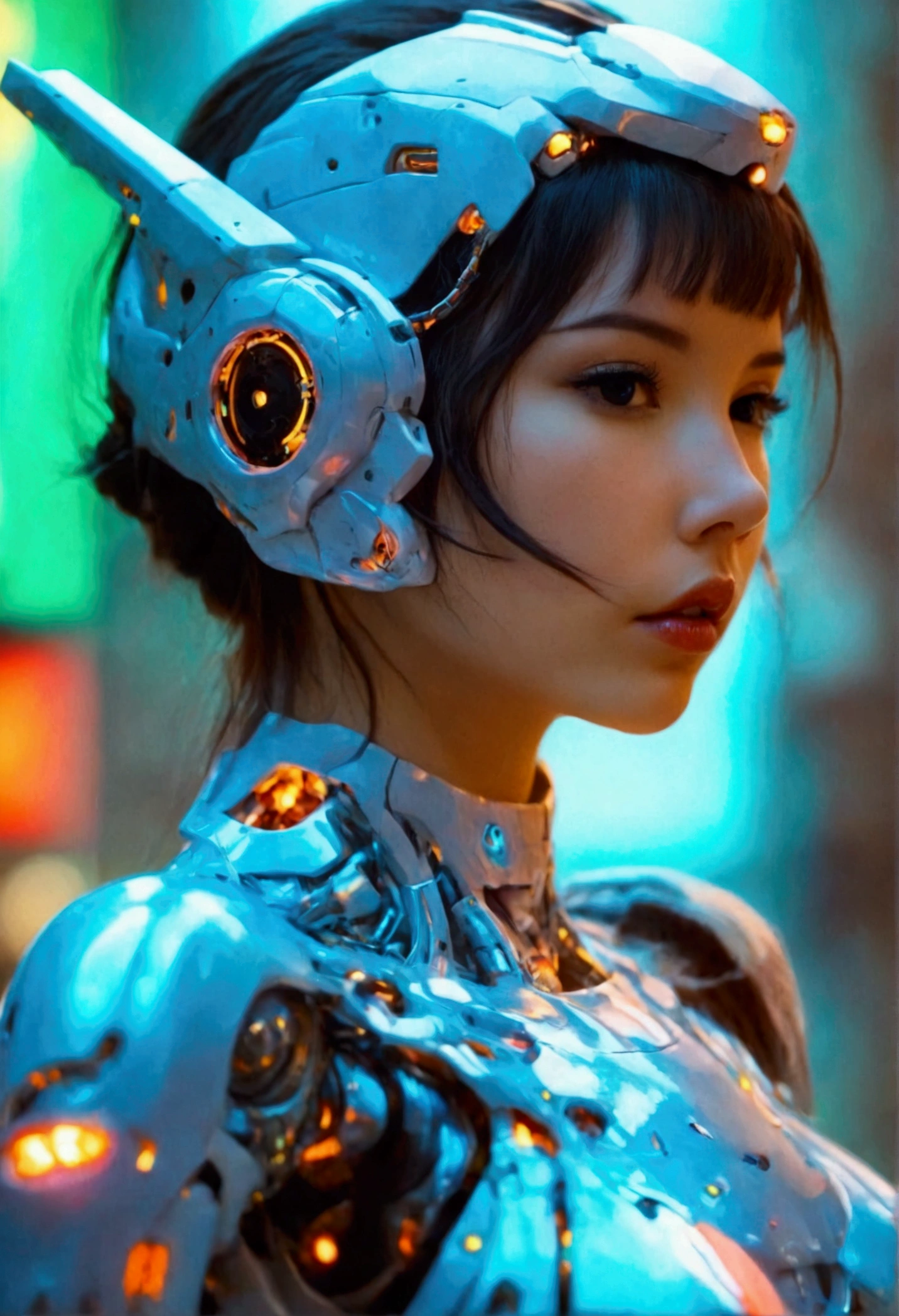 A cute woman ( sexy skin suit, a few cybernetic data-ports mar her skin, neon chrome color scheme (random color)) posing next to a matching cyber super mecha, future tokyo, (show all of the woman, show her head to toe, show all of her)