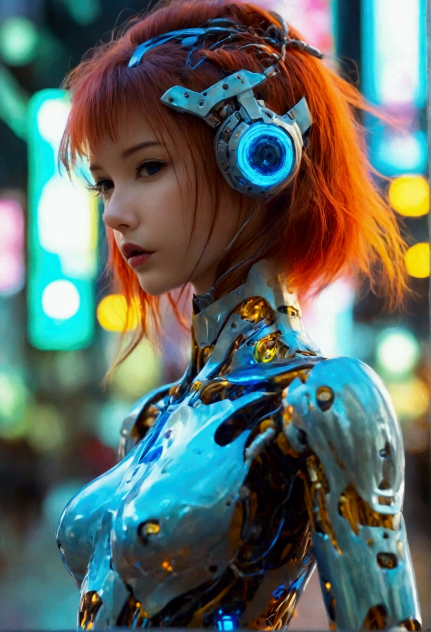 A cute woman ( sexy skin suit, a few cybernetic data-ports mar her skin, neon chrome color scheme (random color)) posing next to a matching cyber super mecha, future tokyo, (show all of the woman, show her head to toe, show all of her)