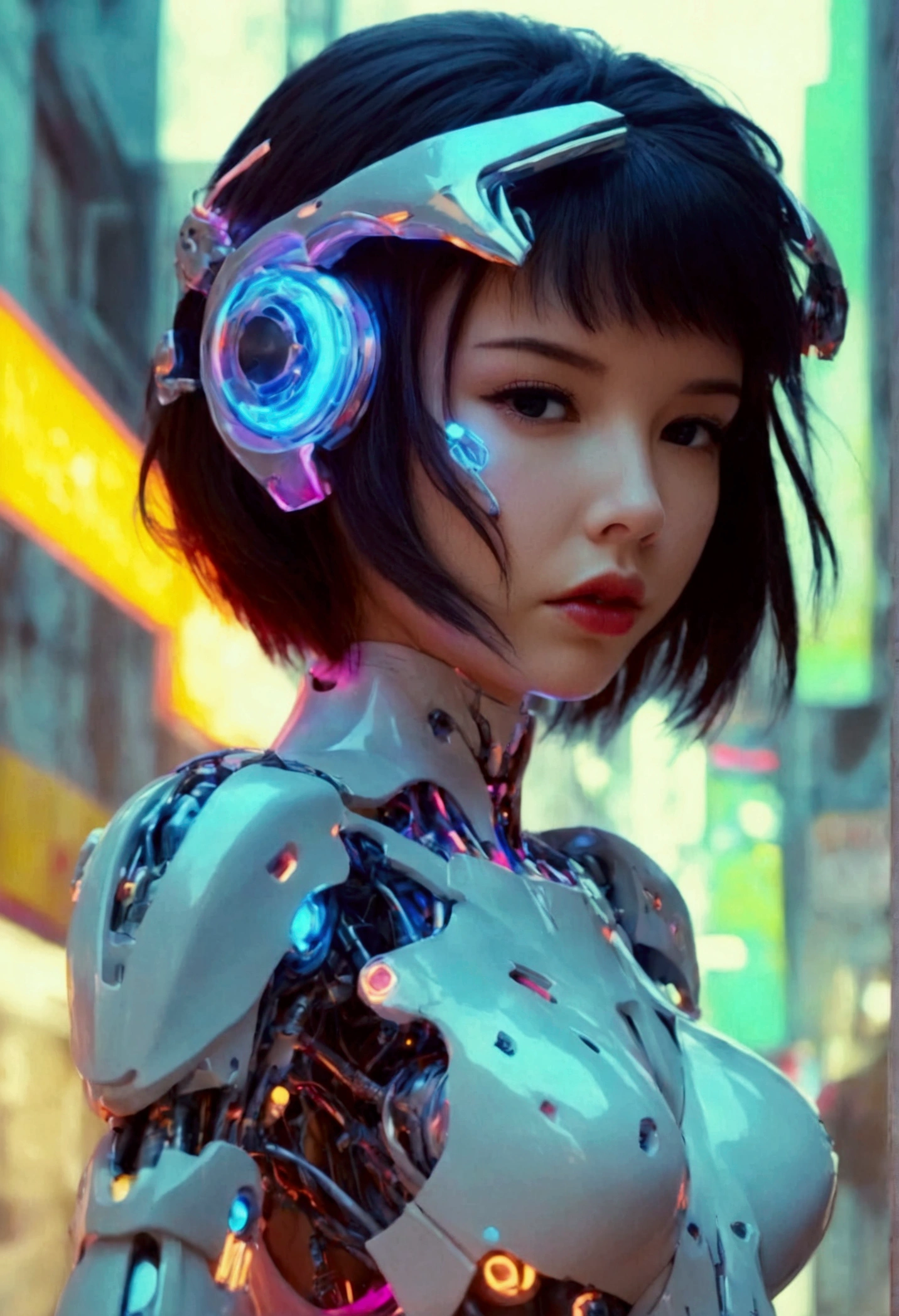 A cute woman ( sexy skin suit, a few cybernetic data-ports mar her skin, neon chrome color scheme (random color)) posing next to a matching cyber super mecha, future tokyo, (show all of the woman, show her head to toe, show all of her)