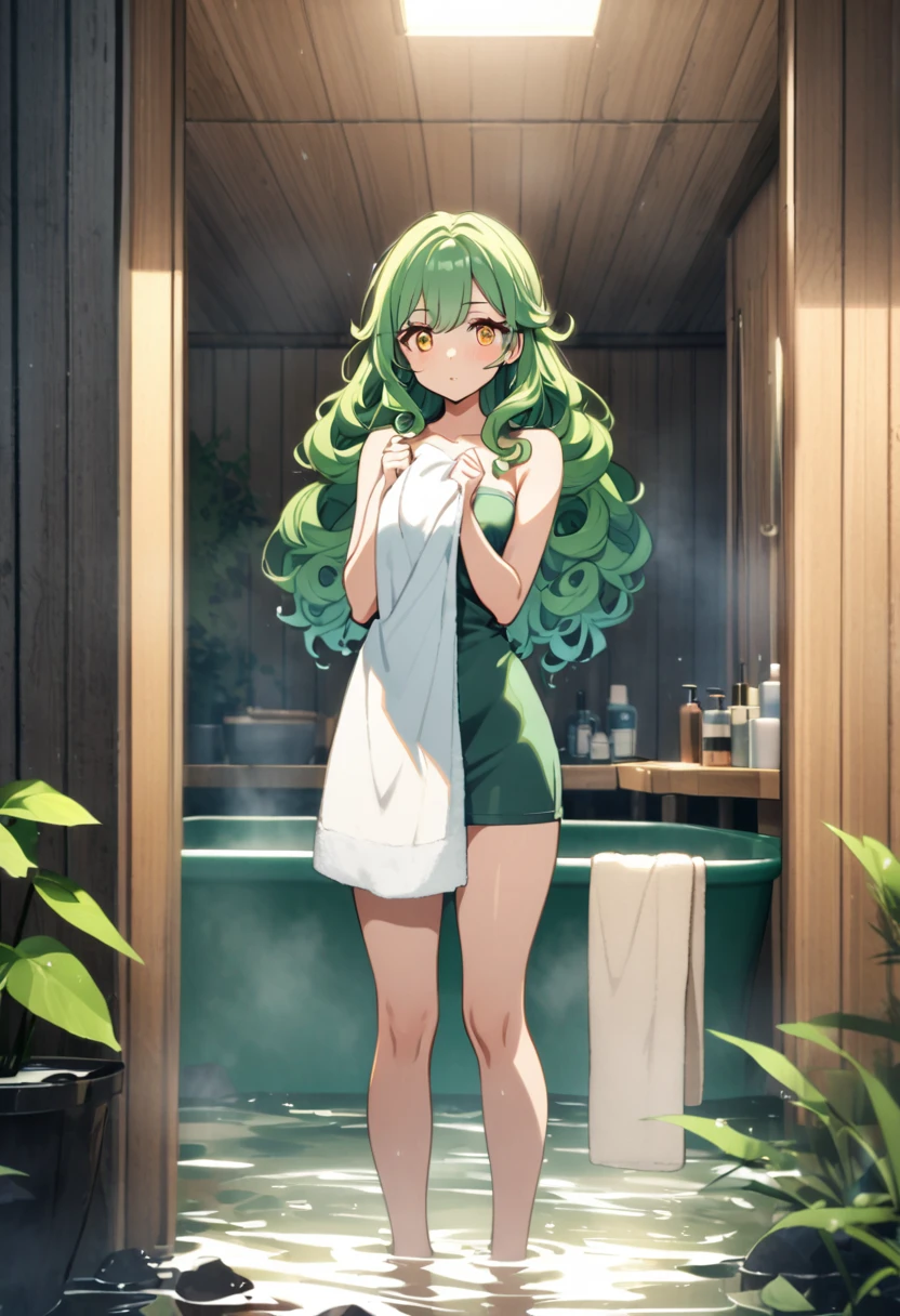 girl, beautiful, curly hair, long hair, yellow eyes, green hair, bathing, towel, standing