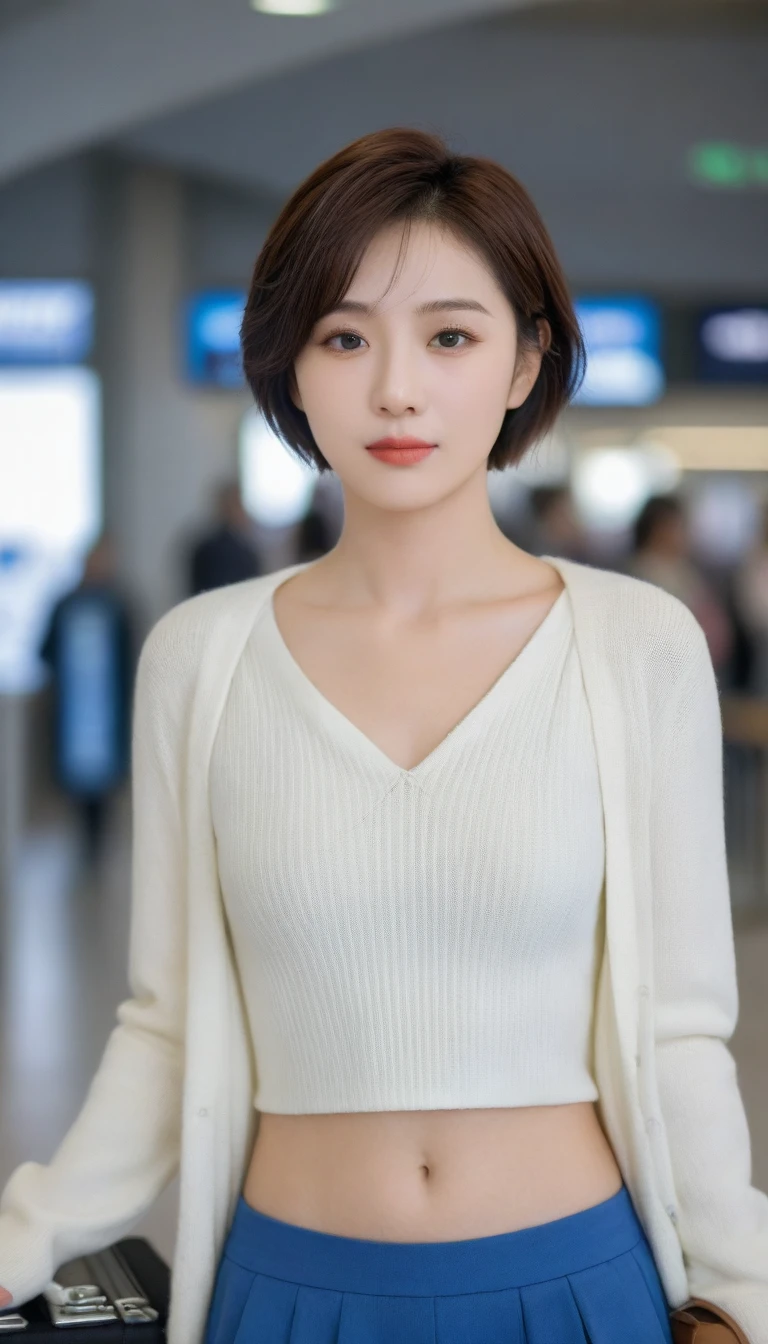 Beautiful 50s Korean woman , 32 inch chest size, Your eyes are big and pretty. Short in stature. Standing in the departure hall of the airport. . short medium hair, Standing in line at the departure hall of Frankfurt Airport, Germany. Wear comfortable travel clothes. .Dragging a suitcase. short medium hair, short height, Full body shot with Canon camera 16-35 wide angle lens, short medium hair. expressionless, full body shot, perfect fingers, Make the airport electronic display visible, 멀리 full body shot, I see an electronic display board, uhd