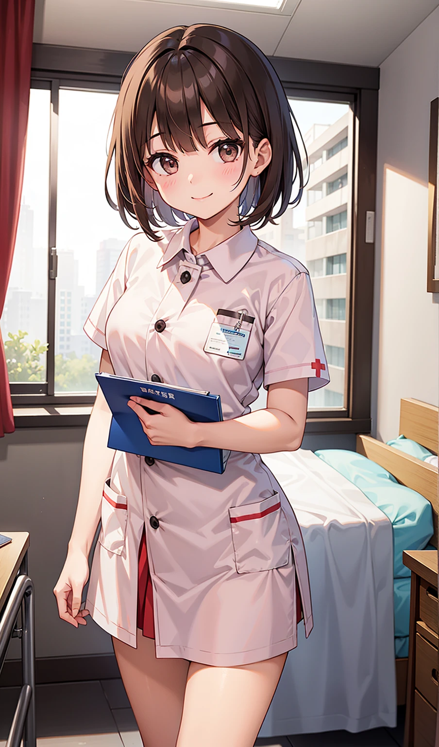 (One girl)、smile、turn around、nurse、nurse、hospital、Dark brown short hair、Dark brown eyes