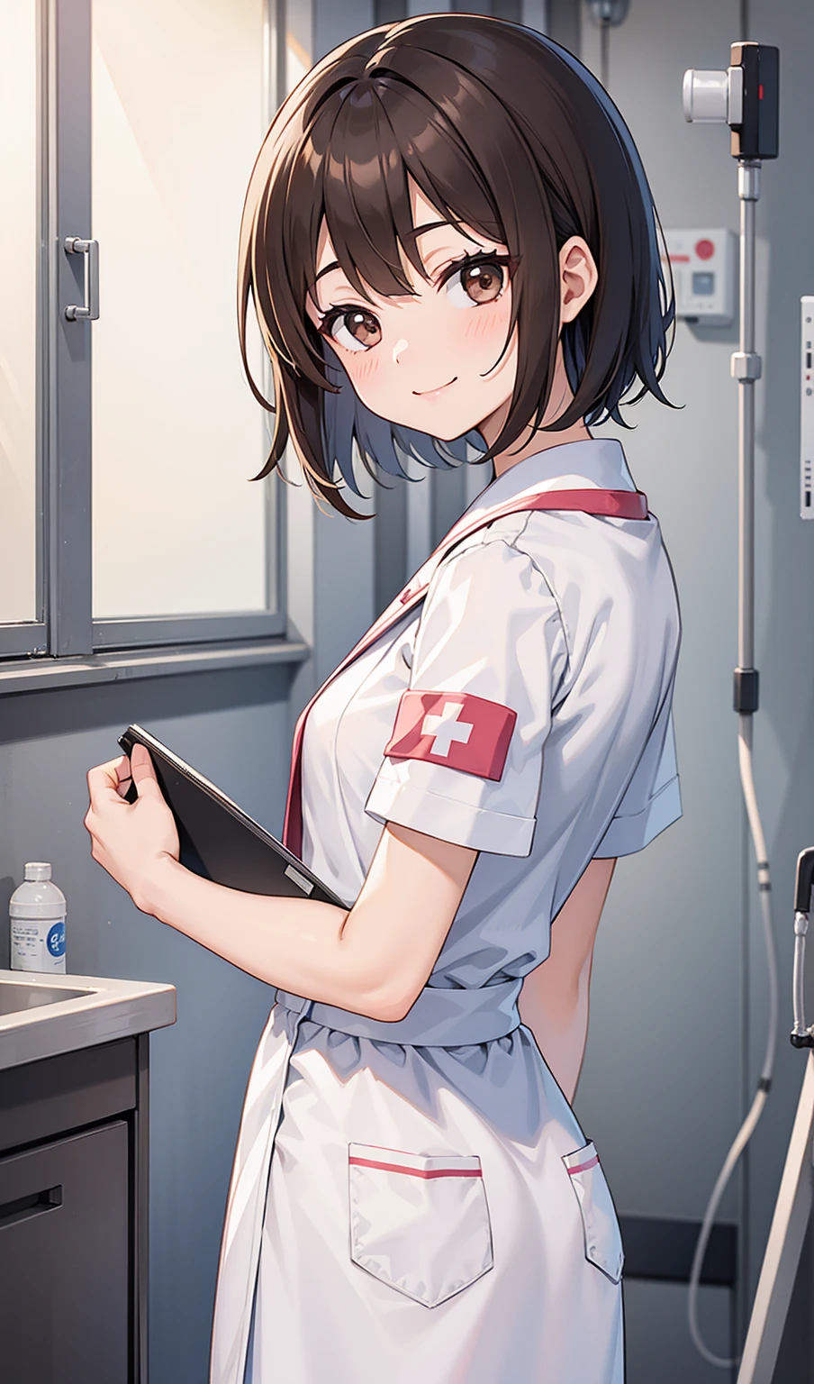 (One girl)、smile、turn around、nurse、nurse、hospital、Dark brown short hair、Dark brown eyes