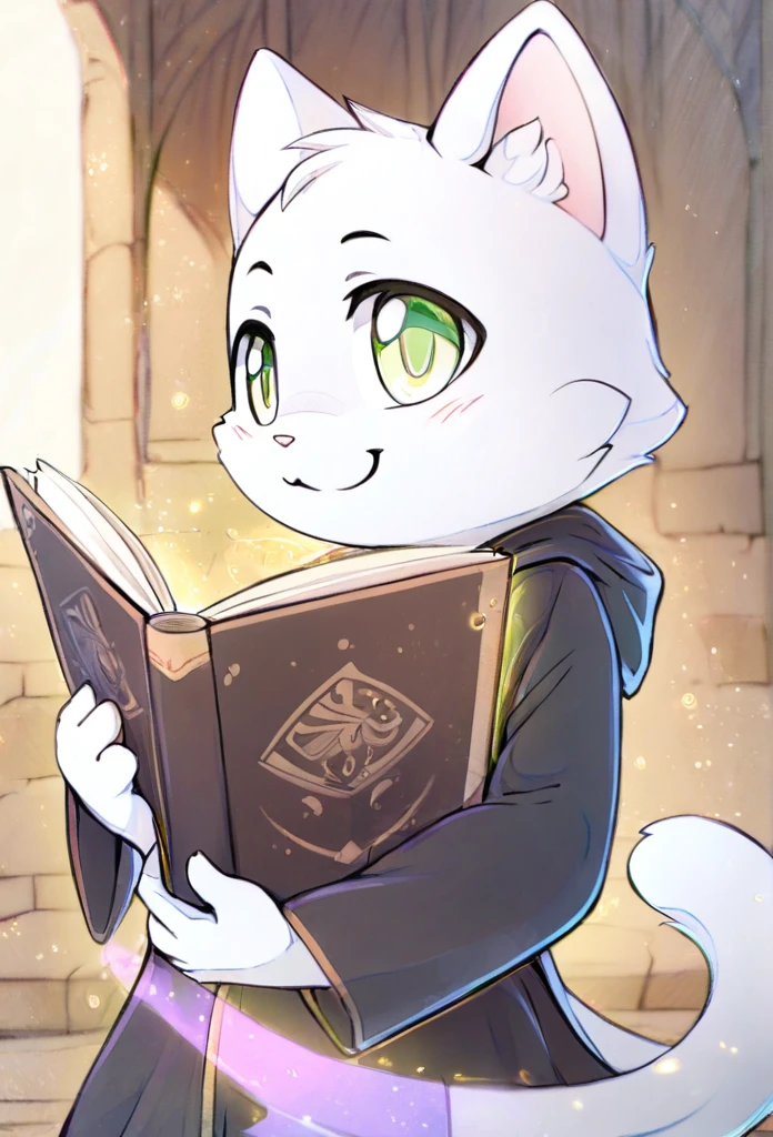 Cover,high resolution,Top quality,best quality,Paid rewards available,juvenile,middle Ages,Cats,male,White fur,Green eyes,tilt head slightly,Smile,Handsome,cute,Soft natural light,individual,Black robe,magic,Holding a book in his arms,Wearing a robe