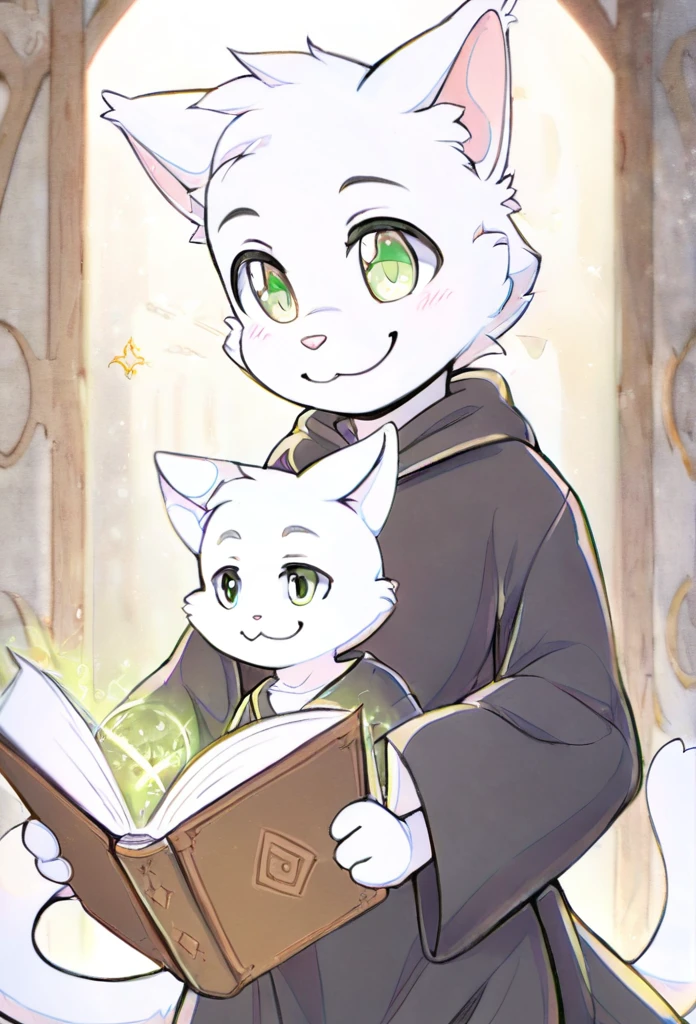 Cover,high resolution,Top quality,best quality,Paid rewards available,juvenile,middle Ages,Cats,male,White fur,Green eyes,tilt head slightly,Smile,Handsome,cute,Soft natural light,individual,Black robe,magic,Holding a book in his arms,Wearing a robe
