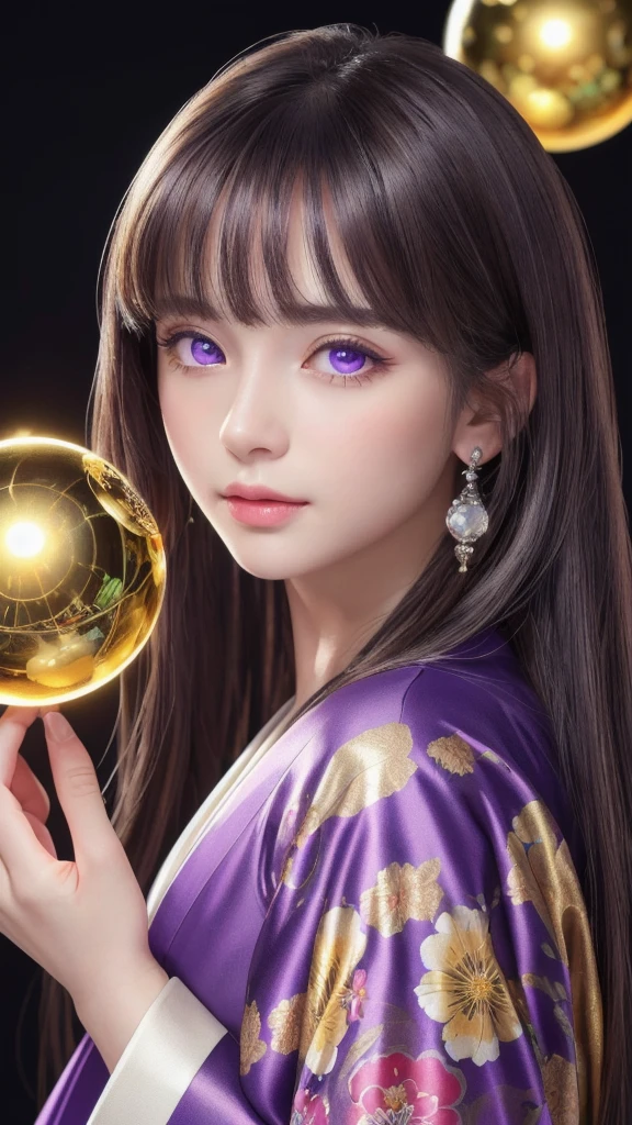 (masterpiece:1.3), (8k, photorealistic, RAW photo, highest quality:1.4), (one girl), beautiful face, (realistic face), (long hair), (silver hair, beautiful straight hair), (even bangs), (sharp bangs), straight hairstyle, realistic eyes, beautiful detailed eyes (purple eyes), (sharp eyes), (realistic skin), beautiful skin, (kimono), (magician-like kimono), (floral hair ornament), attractive, ultra high resolution, ultra realistic, highly detailed, golden ratio, colorful background, (flowers blooming), (energy dancing background), magician, facing front, facing from shoulder, looking straight ahead, holding crystal ball