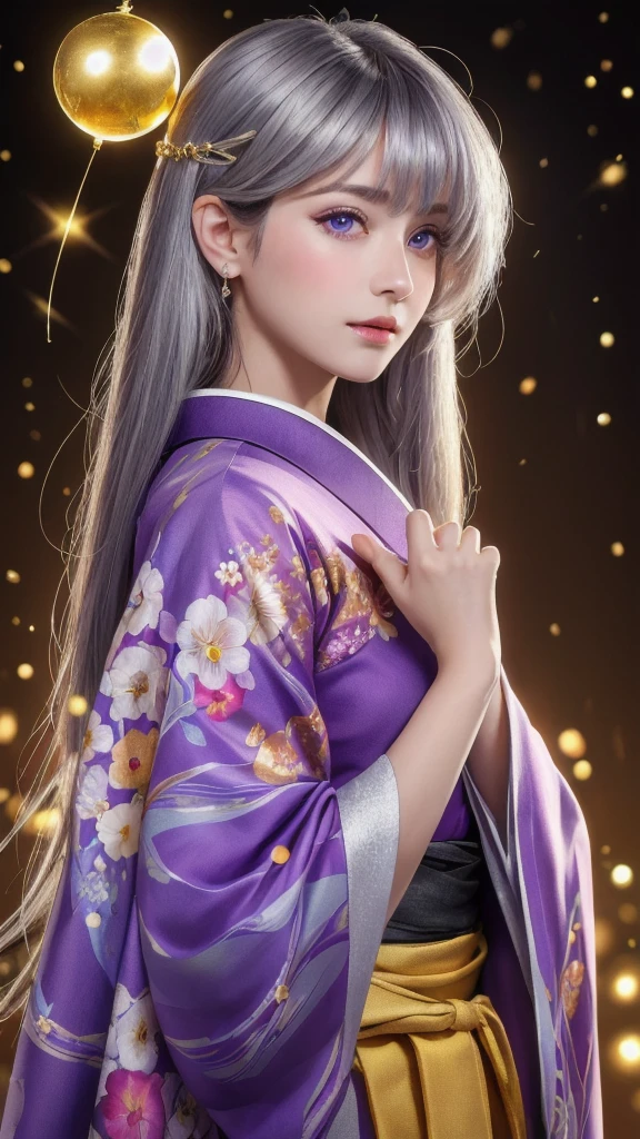 (masterpiece:1.3), (8k, photorealistic, RAW photo, highest quality:1.4), (one girl), beautiful face, (realistic face), (long hair), (silver hair, beautiful straight hair), (even bangs), (sharp bangs), straight hairstyle, realistic eyes, beautiful detailed eyes (purple eyes), (sharp eyes), (realistic skin), beautiful skin, (kimono), (magician-like kimono), (floral hair ornament), attractive, ultra high resolution, ultra realistic, highly detailed, golden ratio, colorful background, (flowers blooming), (energy dancing background), magician, facing front, facing from shoulder, looking straight ahead, holding crystal ball