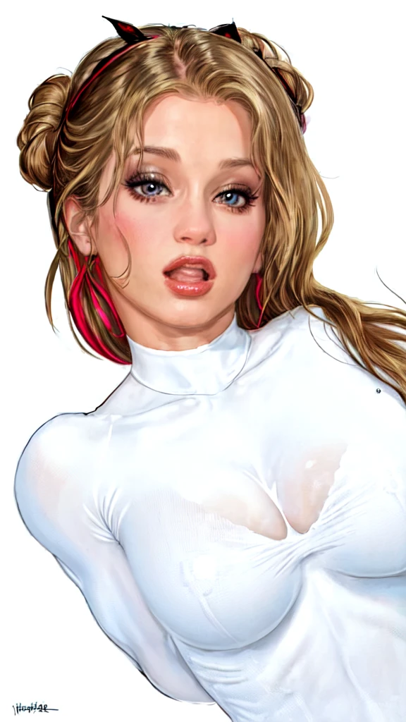 masterpiece, Rita Faltoyano as a extremely beautiful woman, Excellent sense,(((perfect very white background))),American Comics,(((The Perfect One Woman))),(((one person))),colorful,Highly detailed perfect upper body,highly detailed face,near future,SF,