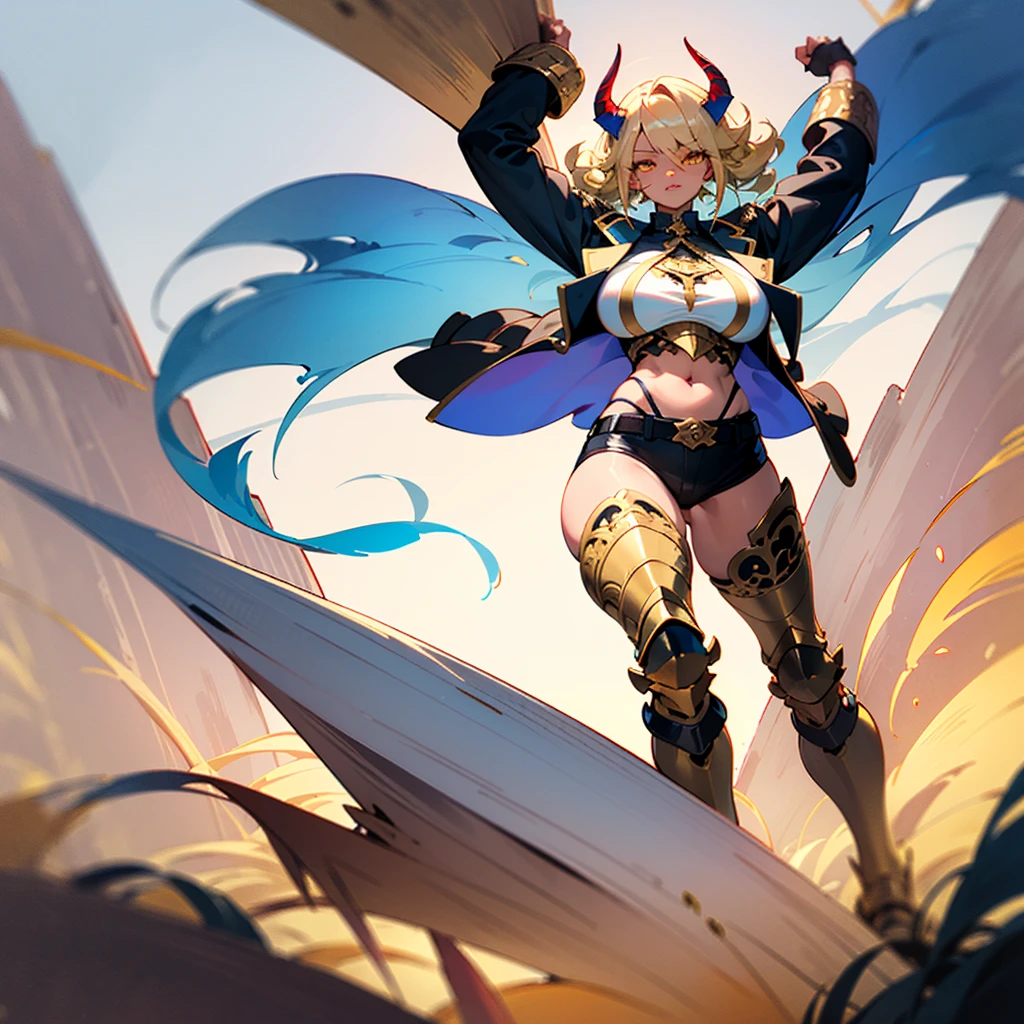 ((best quality)), ((masterpiece)), (detailed), 1girl, 8k_wallpaper, extremely detailed eyes, extremely detailed body, (large masterpiece digital art), ((perfect  )), (intricate details:1.3 ), (ultra-detailed:1.3), (sharp focus:1.3), (natural lighting:1.05), (vivid colors:1.3), (best quality:1.4), high quality, expressive eyes, full body, tall girl, detailed face, beautiful face, perfect face, detailed ((blonde hair)), (gold eyes), ((large big red and blue horns)), {{dark skin}}, ({dark skinned female}), , thick thighs, strong arm and leg muscles, strong abdominal muscles, Monster women, Korean women, wearing a modern short black cloth jacket with rolled up sleeves, (wearing heavy gold colored steel armor), a wide red leather belt with blue steel yarn, steel boots, steel thigh guards, running under by the light of the moon through the forest with long daggers in hands against a background of blooming flowers and grass with tall trees,