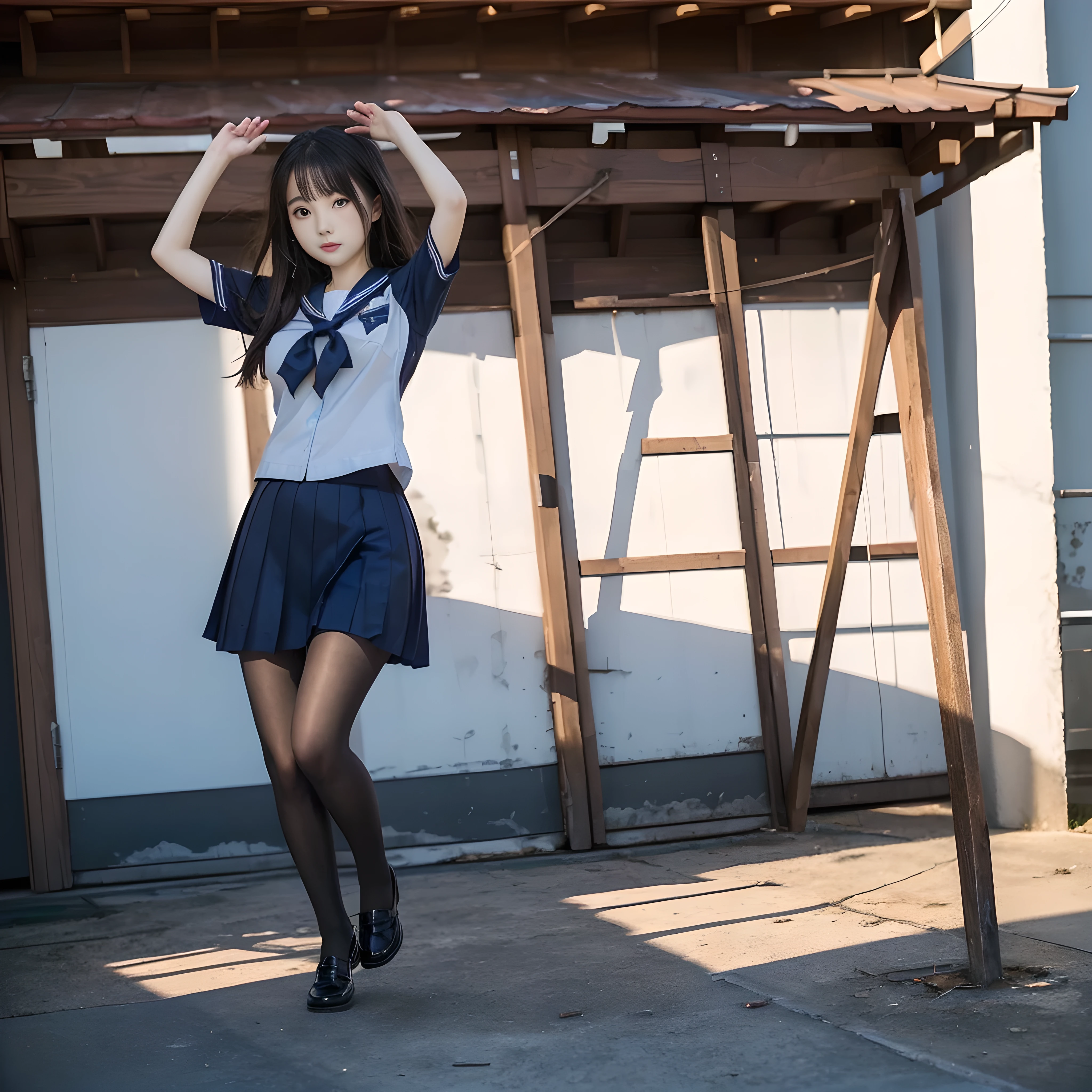 (((young Japanese girl jumping wearing high school uniform))),(full body shot:2), natural lighting, ultra sharp focus,huge breasts, ((beautiful face)), wearing pantyhose, wearing short sleeve, photo-realistic