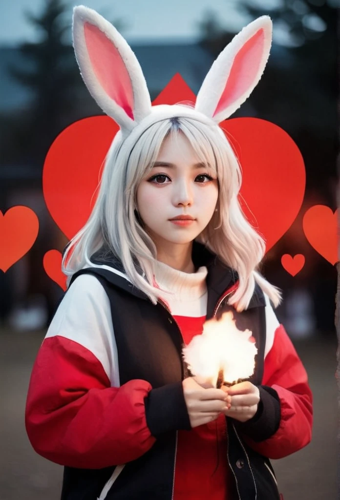 Black Star Red and White style, Simple Line Initialism，Abstract art，Urban Background, colorful hearts ,(((The most beautiful girl of all time))), On a bright red campus"YES"Character、beautiful illustration, best quality, cute girl, bedroom, pastel color, fluffy bunny ears, , silver long hair, alert! Alert! Gather around the warm and inviting theme of "Campfire" (キャンプファイヤー). Capture the glow of flickering flames and the camaraderie of people sharing stories, cooking, or simply enjoying the warmth together.