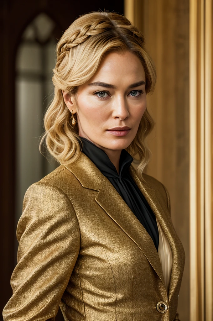 otherworldly beautiful Cersei Lannister, modern stylish CEO, corporate woman, elegant professional hairstyle, three-piece suit, luxurious corporate office, detailed textures, sharp focus, ultra-high pixel detail, 16k RAW footage, masterpiece