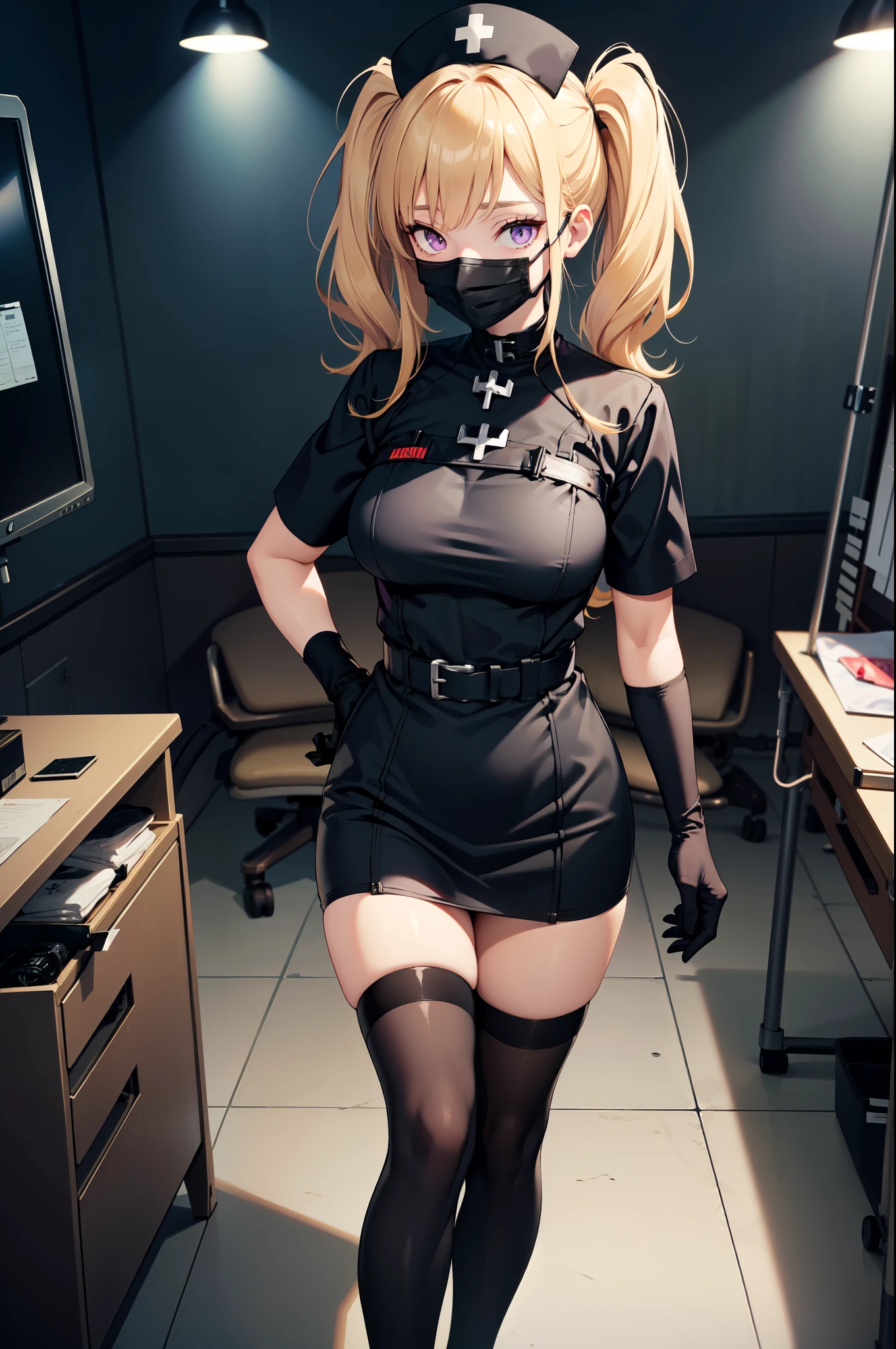 black nurse, 1girl, solo, black nurse cap, black nurse uniform, ((black legwear, zettai ryouiki)), black elbow gloves, twintails, yellow hair, purple eyes, ((black surgical mask, covered nose)), standing, ((surgery room)), sharp outline, short sleeves, best quality, masterpiece