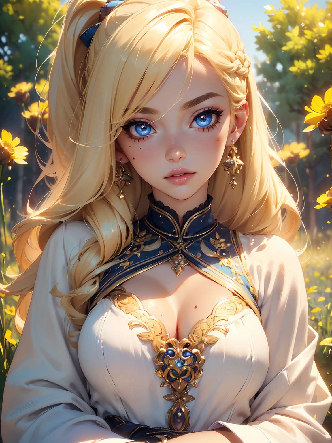 (((Blonde stunning hair))), (blue eyes), blue necklace, Golden earrings, Fit, Gorgeous Body, gorgeous, brown eyebrows, (two moles over lip), big pupils, (23 years old), 1girl,solo, complex skin, warm light, (large breasts), wide thighs, round butt, 5 fingers, ((blushing)), ((detailed face, best quality)),(beautiful detailed eyes), red lip, eyeshadow, beautiful face, long hair, very detailed eyes, intricate details in eyes, perfect lips, good lighting, ((masterpiece, Best quality, a high resolution, ultra detailed),(beautiful and aesthetically pleasing:1.2), 1 woman, high short ponytail, Beautiful, Detailed eyes and face, long oversized shirt, Converse sneakers, golden hour, Field of Flowers, complex parts