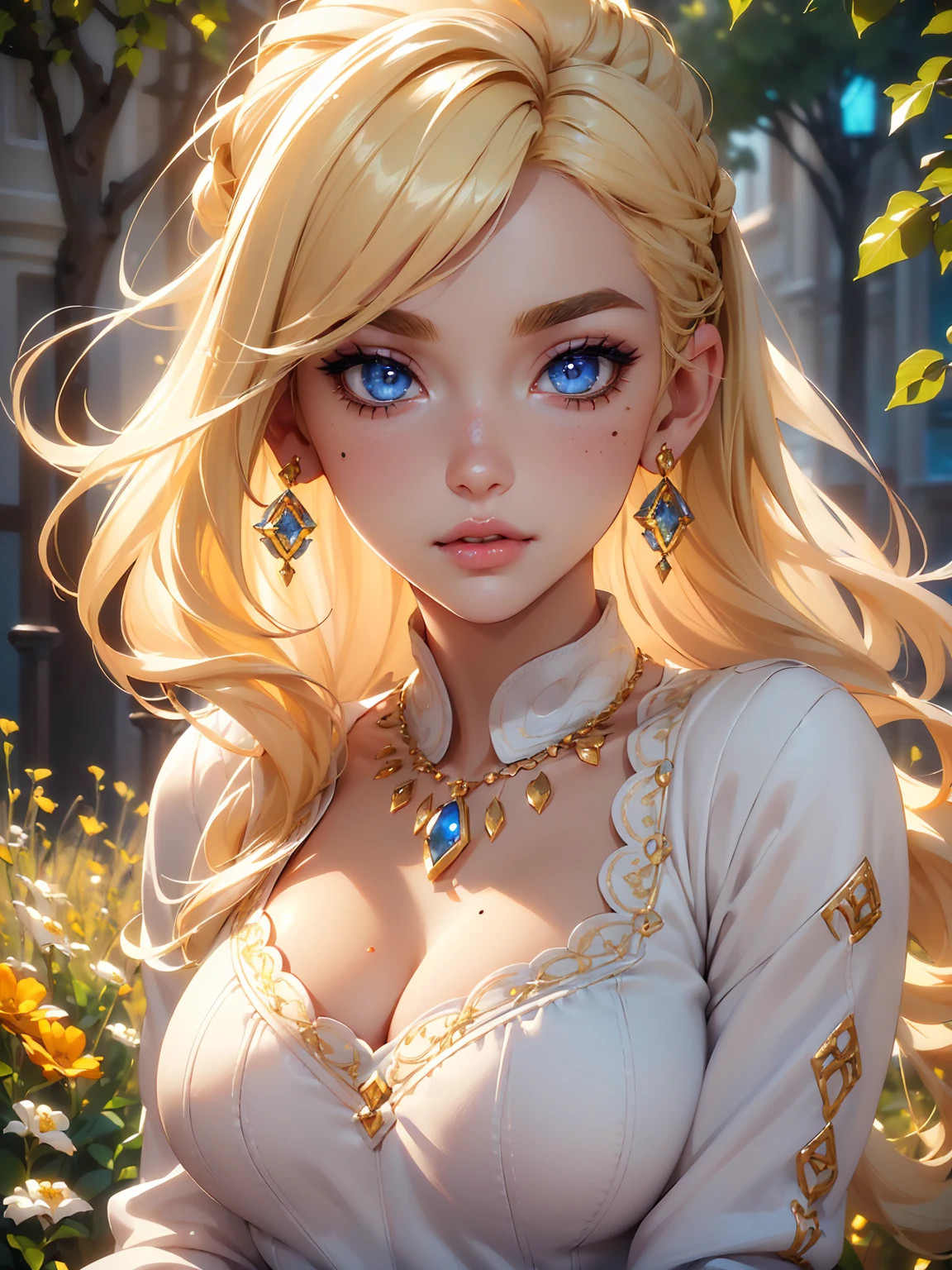 (((Blonde stunning hair))), (blue eyes), blue necklace, Golden earrings, Fit, Gorgeous Body, gorgeous, brown eyebrows, (two moles over lip), big pupils, (23 years old), 1girl,solo, complex skin, warm light, (large ), wide thighs, round butt, 5gers, ((blushing)), ((detailed face, best quality)),(beautiful detailed eyes), red lip, eyeshadow, beautiful face, long hair, very detailed eyes, intricate details in eyes, perfect lips, good lighting, ((masterpiece, Best quality, a high resolution, ultra detailed),(beautiful and aesthetically pleasing:1.2), 1 woman, high short ponytail, Beautiful, Detailed eyes and face, long oversized shirt, Converse sneakers, golden hour, Field of Flowers, complex parts