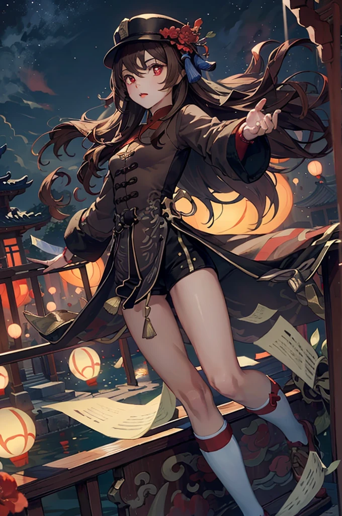 1 girl solo, brown jacket, long brown hair, red eyes, brown hat with red flowers, in a small medieval chinese town, old chinese buildings, chinese temple, ((at night, lots of paper lanterns glowing))