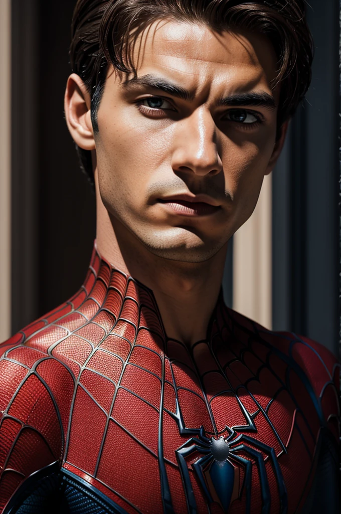 A photograph of Spider-Man., sin mascara, the 20s, elegant, detailed face, looking to the camera, portrait, 8k hd, high quality