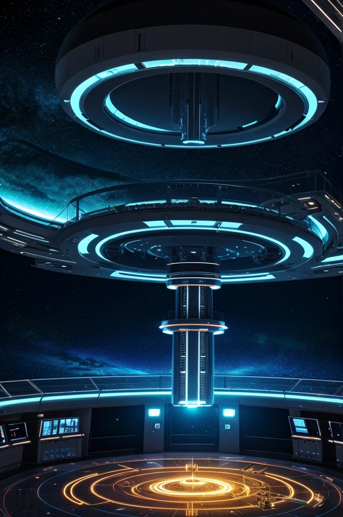 Space building like ship with huge ring at the center with lights glowing , sci-fi looking