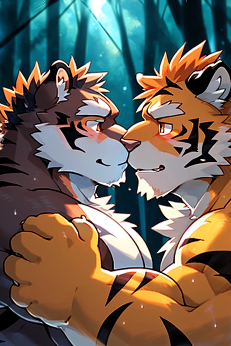 human nature, Wildlife, male,36 years old,Uncle, Double, ((Round Face, The face is plump,Orange eyes,Thick orange hair,With scars)), ((Endomorph, Handsome,Hot Blood)), (Mecha suit,kiss,Love), ((domestic tiger, tiger,) Fluffy fur, Fluffy), Bokeh, (high quality, high resolution, masterpiece), (Dynamic Lighting, Vibrant colors), (Revitalize,Physical contact), Full body picture (close up), cartoon, author:Takemoto Arashi, From zixiong, By Chunni, author:Empty Ghost,(background:Rainy forest)