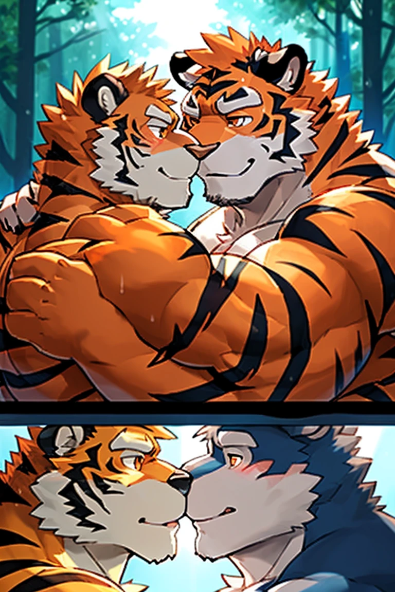human nature, Wildlife, male,36 years old,Uncle, Double, ((Round Face, The face is plump,Orange eyes,Thick orange hair,With scars)), ((Endomorph, Handsome,Hot Blood)), (Mecha suit,kiss,Love), ((domestic tiger, tiger,) Fluffy fur, Fluffy), Bokeh, (high quality, high resolution, masterpiece), (Dynamic Lighting, Vibrant colors), (Revitalize,Physical contact), Full body picture (close up), cartoon, author:Takemoto Arashi, From zixiong, By Chunni, author:Empty Ghost,(background:Rainy forest)