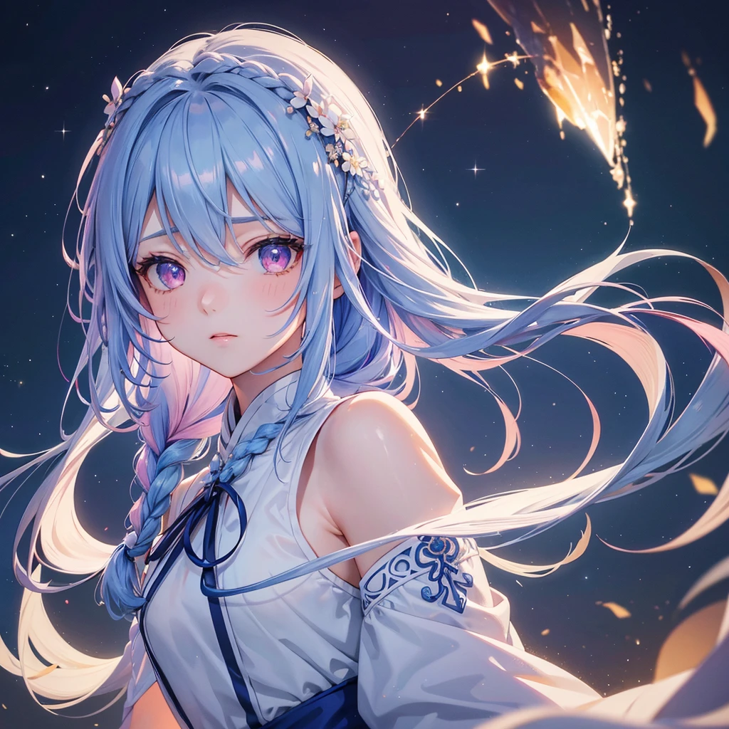 (Sky blue one braid hair),Pink Eyes,Fair skin ,(whole body),(One girl),Hanfu,(The beautiful, sparkling Milky Way in the night sky),Lonely Eyes,,(masterpiece, Highest quality, Very detailed, Best Shadow), (Detailed Background), (Beautifully detailed face), High Contrast, (Best lighting, Very delicate and beautiful), ((Cinematic Light)), colorful, Hyper Detail, Dramatic Light, Intricate details,