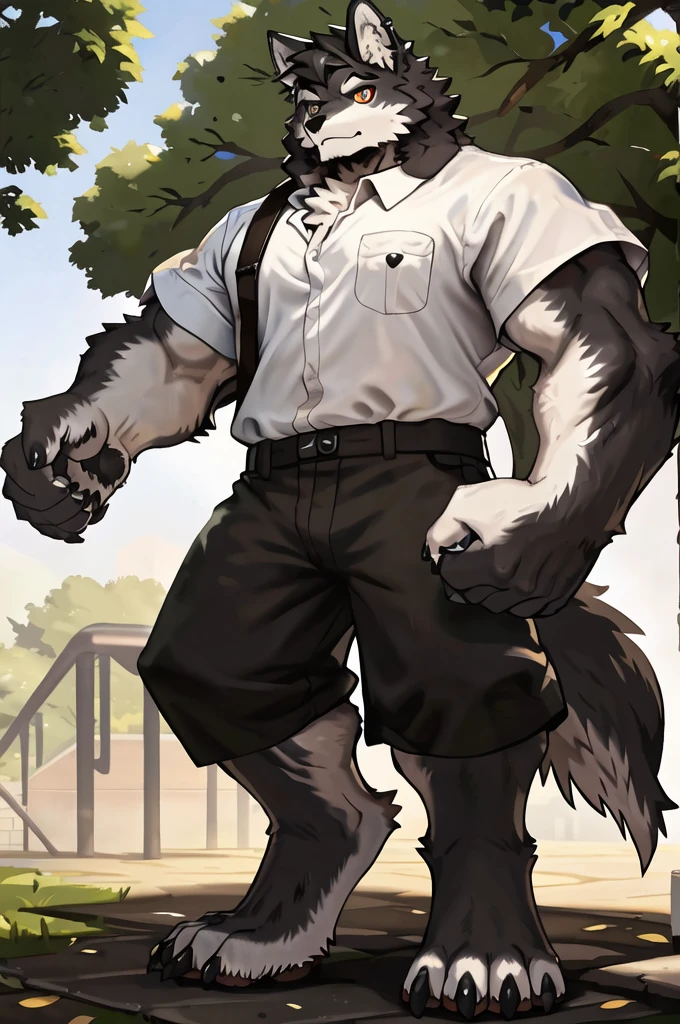(Strong arms),(Strong legs),masterpiece, best quality, Official Art, Extremely detailed CG unified 8k wallpaper, Ultra Detailed, Best Illustration, , Ink fur, hairy male, Wolf Boy, hairy, Ink fur, 1 Boy,, male focus,, Striped hair, Wolf ears, Animal ears, Single speaker, Ink fur, Bangs, dark hair, White highlights, Medium Hair, Solitary, Ink tail,hairy尾巴,(Black pupil),High target,(campus),,barefoot,(Sexy),((High target and strong)),side,(Delicate eyes:1.2),Inky eyes,male,Solitary,(Inky pupils),(Detailed face),(Sharp eyes),Permanent,(Detailed hands),(Foot details),aldult,type,Moderate,Long legs,(Detailed fingers),(Delicate eyes),(White shirt),(Black shorts),easy,(Big Bag:1.5)